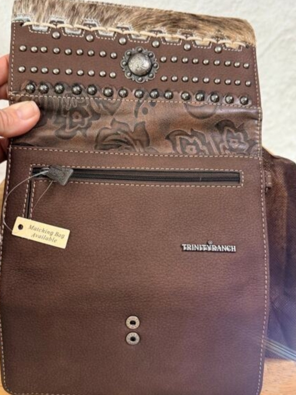 Trinity Ranch Brown Studded Western Wallet With Fur Trim View 3